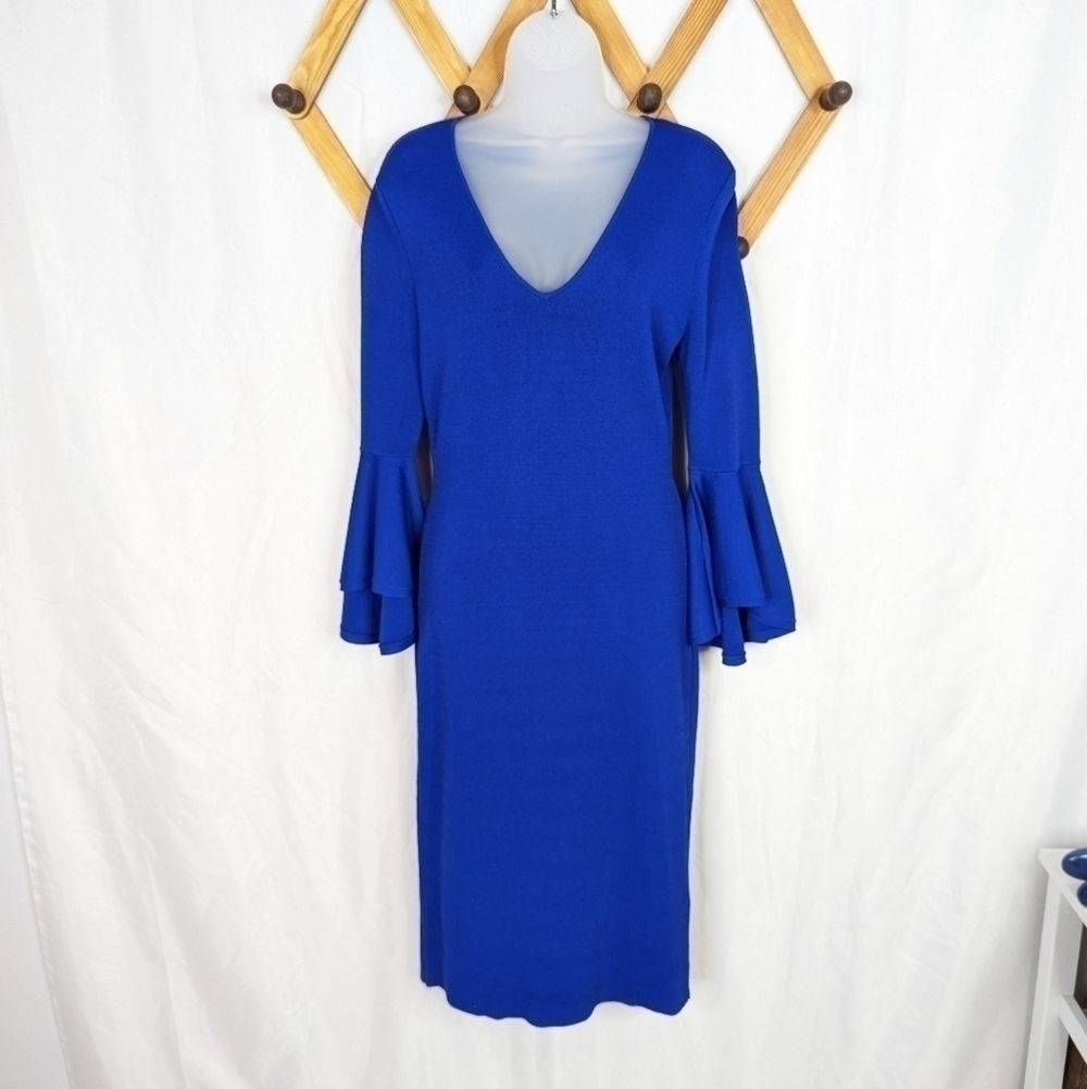 Eliza J Royal Blue V-Neck Bell Sleeve Midi Dress - Size Small